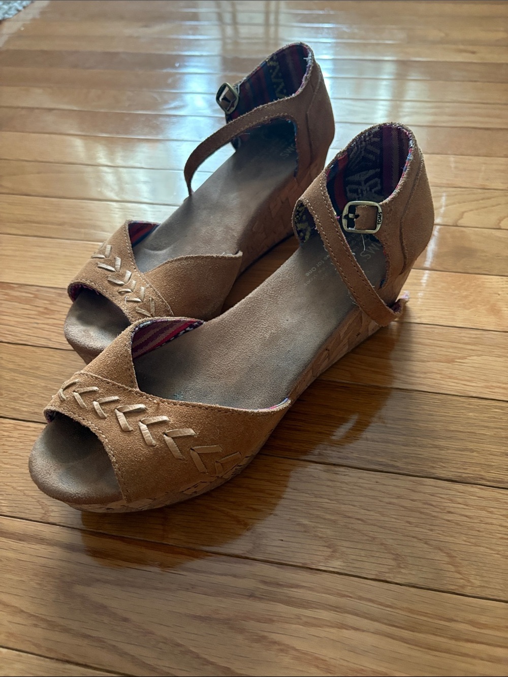 Toms Tan Leather Espadrille Wedge Sandals with Ankle Strap